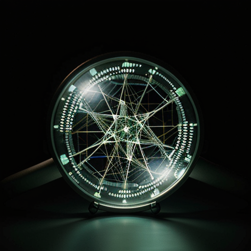 A single, oversized magnifying glass focuses intensely on a complex, interwoven network of glowing data streams.